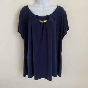 Notations Womens 1X Navy Pullover Top Short Sleeve Slinky Work Gold Piece